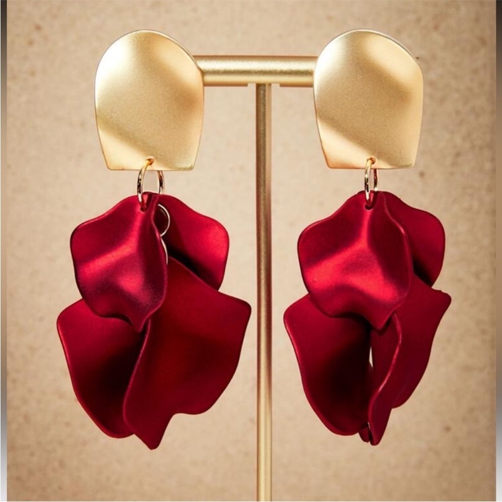 Boho Red Rose Petal Tiered Matte Statement Earrings